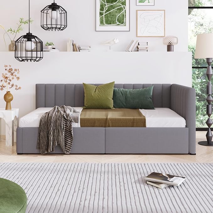 Merax Twin Size Upholstered Daybed with 2 Storage Drawers, Wooden Sofa Bed Frame, No Box Spring Needed, Linen Fabric, Gray