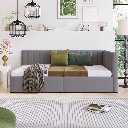Merax Twin Size Upholstered Daybed with 2 Storage Drawers, Wooden Sofa Bed Frame, No Box Spring Needed, Linen Fabric, Gray