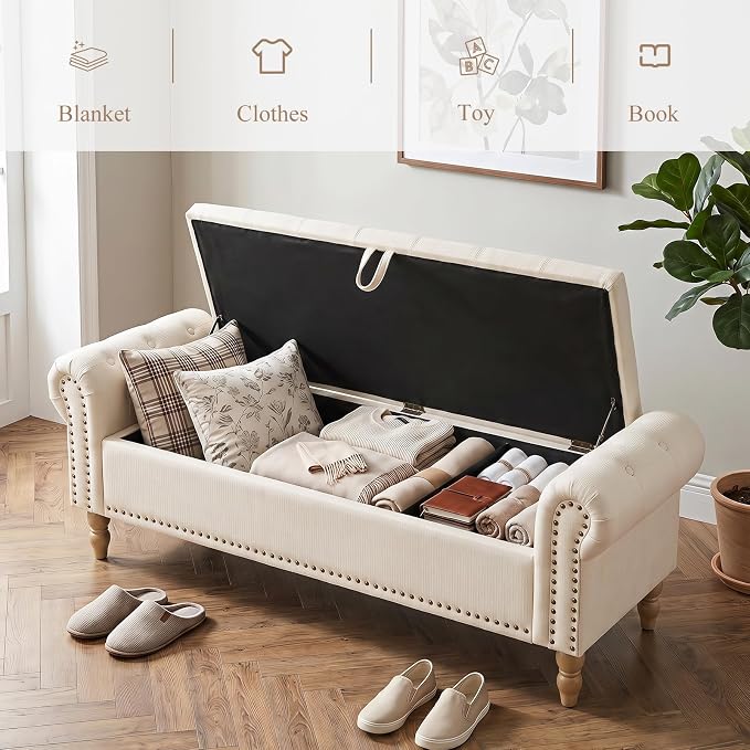 Furniliving 63” End of Bed Storage Bench, Bedroom Bench with Button-Tufted, Upholstered Storage Ottoman Benches Window Bench with Storage, Chenille Bench for Living Room, Entryway, Beige