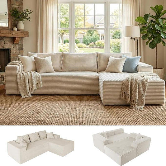 Claiks Boneless Couch, Cloud Couch Sectional, L-Shape Corduroy Modular Sectional Sofa Deep Seat, Upholstered Couches for Living Room, No Assembly Required, Beige, Right Facing Chaise