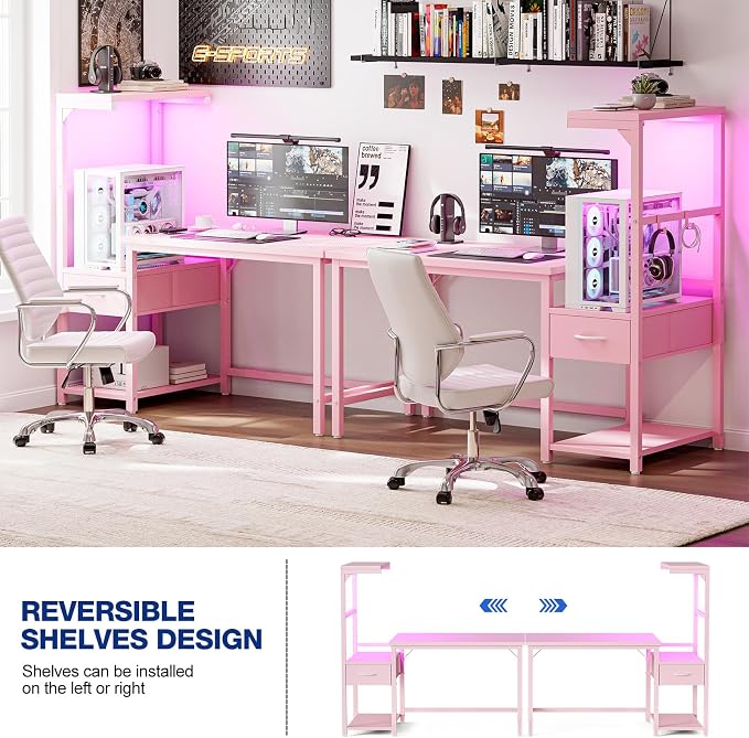 Grandder Gaming Desk 41 Inch with CPU Stand and LED Light, Computer Desk with Reversible Shelves and Storage Drawer, Pc Small Desk for Home Office Table with Bag, Pink