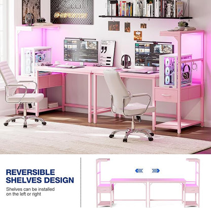 Grandder Gaming Desk 41 Inch with CPU Stand and LED Light, Computer Desk with Reversible Shelves and Storage Drawer, Pc Small Desk for Home Office Table with Bag, Pink