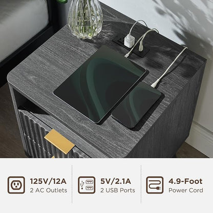 T4TREAM Fluted Nightstand Set of 2 with Charging Station, 18" Modern Side Table, 2 Drawers End Table with Storage, Bedside for Bedroom, Living Room, Curved Profile Design, Dark Alder