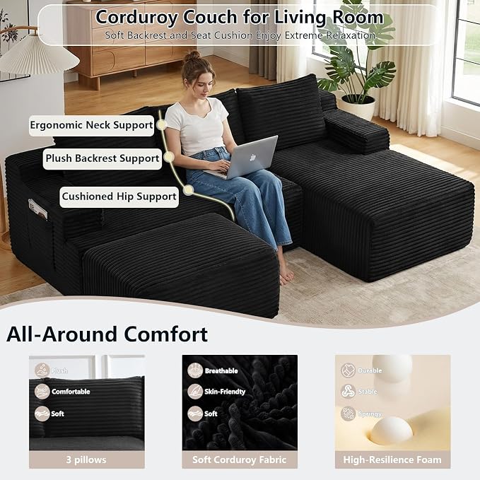 96" Cloud Sectional Couch U-Shaped Chaise with Ottoman, Corduroy Boneless Couch for Living Room Bedroom, Deep-Seat Upholstered Modular Cloud Sofa, No Assembly Required (Black, Right Facing Chaise)