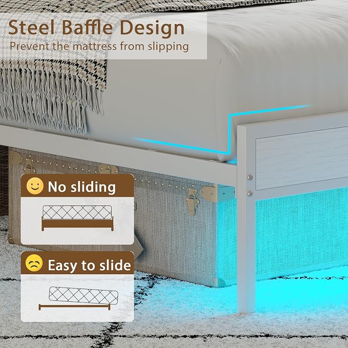 Twin Size Bed Frame with Upholstered Headboard and 2-Tier Storage Shelves | Metal / Charging Station / LED Lights / Under Bed Storage / Non-slip/ Noise Free / No Box Spring Needed / White
