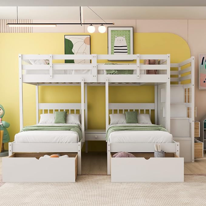 VilroCaz Upgraded Version Full Over Twin & Twin Bunk Bed, Solid Wood Triple Bunk Bed with Storage Drawers and Staircase, Strong Sturdy Bunk Bed Frame with Guardrails for Kids Teens Aldults