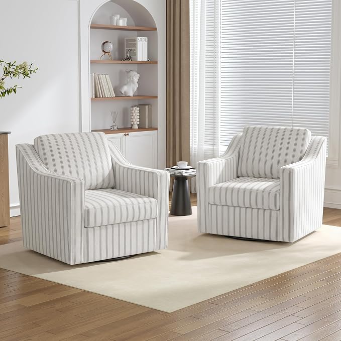 Swivel Accent Chairs Set of 2, 360° Swivel Upholstered Club Armchairs for Living Room, Comfy Reading Chair with Deep Seat, Metal Swivel Base, Pinstripe Light Gray