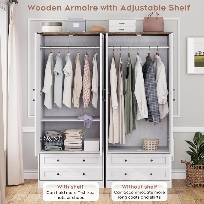 Brafab Armoire Wardrobe Closet with 2 Modern Doors Set of 2, 71" Tall Freestanding Closet Wardrobe Cabinet with Drawers and Hanging Rail, Light Wooden Storage Cabinet with Shelve for Bedroom, White