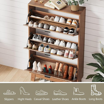 Shoe Cabinet Storage for Entryway with 3 Flip Drawers, Fluted Narrow Shoe Organizer with Wooden Legs, Freestanding Slim Shoe Storage Hidden Shoe Rack Organizer for Front Door Entrance, Hallway, Walnut
