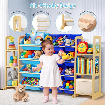 Kids Toy Storage Organizer with Bookshelf – Wooden Shelf with 16 Bins & 6 Shelves, Quick Assembly Storage Rack for Playroom, Bedroom, Nursery - Blue