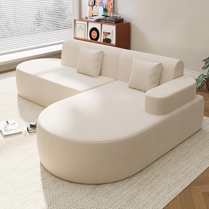MELLCOM Modern 93" Curved Boneless Sofa Couch, L-Shaped Corner Sofa, No Assembly Needed, Chenille Upholstered Cloud Sectional Couch for Living Room,Apartment and Bedroom (Beige, Right Hand Facing)