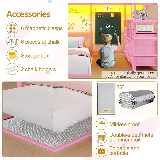 busyaeh Bunk Bed Full Over Twin,8 Drawer & 4 Shelve,15" H Safety Guardrail | Bunk Bed with Desk, Low bunk bed with LED Lights & Charging Station,L-Shaped Bunk Beds with Stairs,Girls bunk bed,Pink