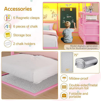 busyaeh Bunk Bed Full Over Twin,8 Drawer & 4 Shelve,15" H Safety Guardrail | Bunk Bed with Desk, Low bunk bed with LED Lights & Charging Station,L-Shaped Bunk Beds with Stairs,Girls bunk bed,Pink