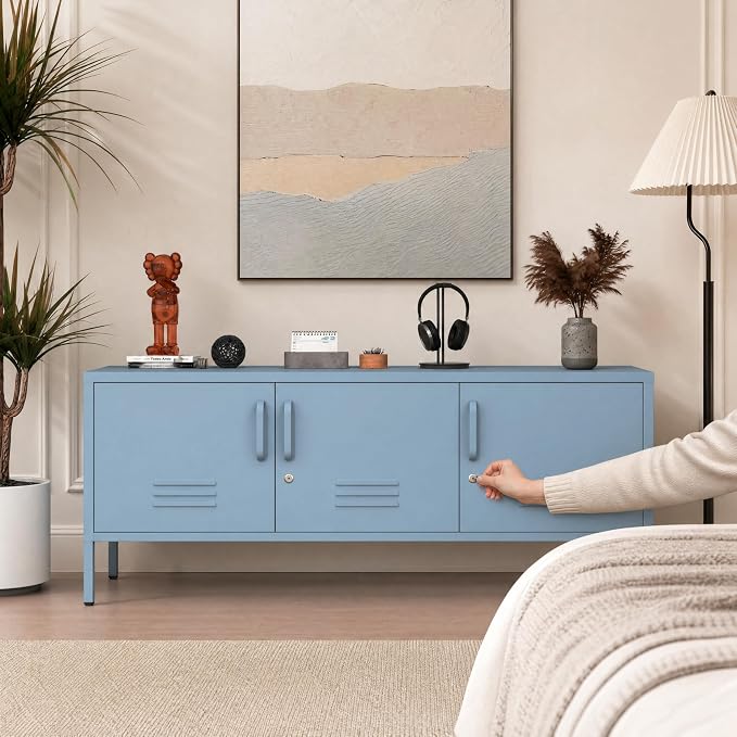 Metal Storage Cabinet-22"Tall Steel TV Stand Cabinet Adjustable Shelves storage locker Lockable Blue Metal Cabinet for Home Office Bedroom Living Room Balcony Entryway Size：22" H X 47.3" W X 13.8" D