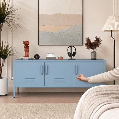 Metal Storage Cabinet-22"Tall Steel TV Stand Cabinet Adjustable Shelves storage locker Lockable Blue Metal Cabinet for Home Office Bedroom Living Room Balcony Entryway Size：22" H X 47.3" W X 13.8" D