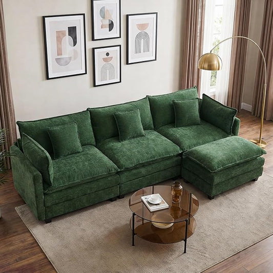 113” Modular Sectional Sofa, L Shaped Cloud Couches for Living Room, Green | Comfy Chenille, Deep Seat, Bedroom, Apartment, Throw Pillow, Removable Washable Cover, Movable Ottoman, Easy Assembly, Modern