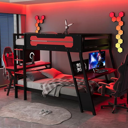 Merax Wooden Full Over Full Bunk Bed with 2 Side Desks, USB Desktop Ports and Pegboard Organizer, Gaming Bunk Bed for Gamer, Kids or Teens, No Box Spring Needed, Red