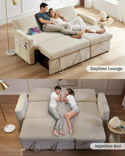 Vipbear 80" Sectional Sleeper Sofa Bed with Pull Out Bed, L Shaped Couch Pull Out Couch with Reclining Backrest, Reversible Storage Chaise, USB Ports, Tool-Free Assembly, Corduroy Beige