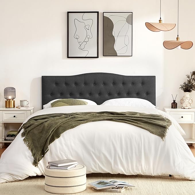 Tufted Headboard Full Size, Solid Wood Adjustable Height Head Board, Black | Upholstered Full XL Headboard Only with Durable Solid Wood Legs, Adjustable Height 37-51 in, Fabric Button Diamond HeadBoards