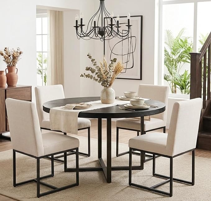 VESCASA Linen Upholstered Dining Chairs Set of 2, Mid Century Modern Padded Chair with Black Metal Frame for Restaurant, Dining Room, Kitchen, Cream