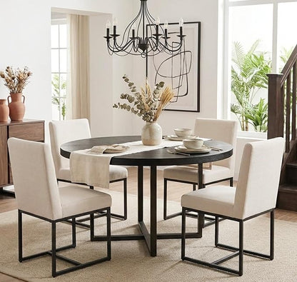 VESCASA Linen Upholstered Dining Chairs Set of 2, Mid Century Modern Padded Chair with Black Metal Frame for Restaurant, Dining Room, Kitchen, Cream