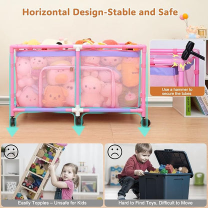 FIOBEE Toy Box for Girls Boys with See-Through Mesh & 360° Rotating Wheels Toy Chest Organizer Easy Install Stuffed Animal Storage for Nursery Playroom Toy Storage Bin, Pink