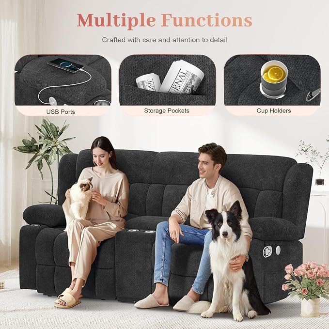 Loveseat Recliner Sofa, 2 Seater Curved Sofa for Living Room, Fabric Manual Pull Tab Reclining Loveseat with Storage Console, Home Theater Seating with USB Charge Ports, Cup Holders, Grey