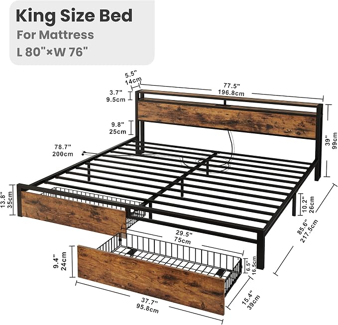LIKIMIO King Size Bed Frame with Storage Headboard, Platform King Bed with 2 Drawers and Charging Station, Heavy-Duty Metal Slats, No Box Spring Needed, Easy Assembly, Retro Brown