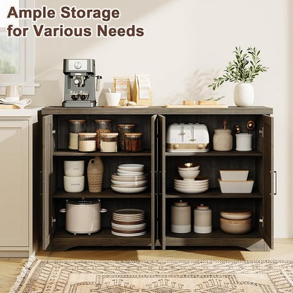 Memobarco Fluted Buffet Cabinet with Storage Accent Sideboard,Modern Credenza with 4 Doors & Adjustable Shelves,Wood Coffee Bar Table Console for Dining Room Kitchen Living Room Entryway,Gray