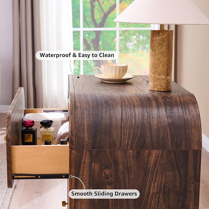 T4TREAM Fluted Dresser with 3 Drawers, 32" Tall Modern Chest of Drawers with Thickened Curved Profile Design, Wood Closet Clothes Storage Organizer for Bedroom, Living Room, Hallway, Dark Walnut