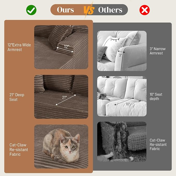 108" L Shaped Cloud Boneless Sectional Couches for Living Room, Modern Comfy Modular Deep Seat Memory Foam Compressed Corduroy Sofa Oversized Left Facing Chaise, No Assembly Required, Brown