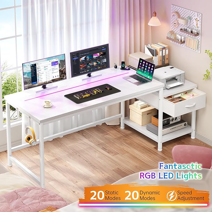 DurayLoly 48" White Desk with Printer Shelf & Power Outlets – Reversible Computer Desk with LED Lights, Drawer & Headphone Hook for Dorm,Teens Study Room,White