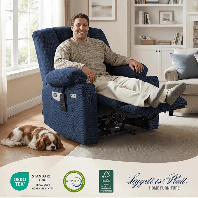 MCombo Oversized Zero Gravity Recliner Chair with Heating and Massage, Power Recliner for Big and Tall with USB & Type C Ports, Cup Holders for Living Room 8017 (Navy Blue, Oversized)