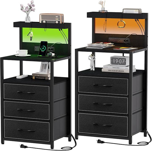 SZLHANJZ Night Stand Set 2 with LED Lights, Bedroom Nightstands with Power Outlet and Type C Port, Bed End Tables with 3 Fabric Drawers, Matching Bedside Tables with Hooks and Shelves, Black