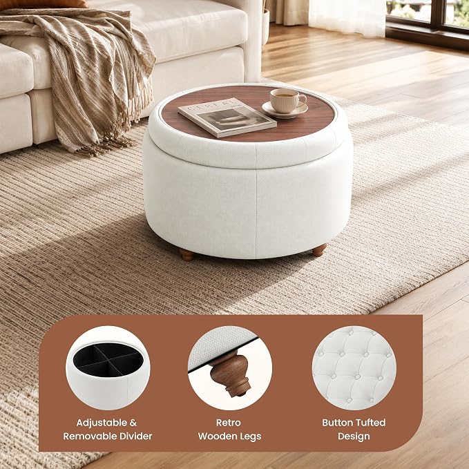 25Inch Round Ottoman with Storage, Tufted Fabric Modern Circle Ottoman with Reversible Tray Lid and Wood Legs, Multi-Functional Small Coffee Table for Living Room, Bedroom, Beige