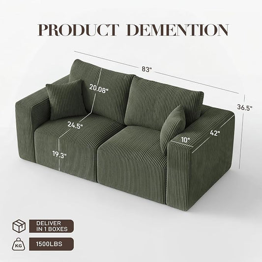 Modular Loveseat Cloud Couch, 79" Memory Foam Boneless Double Sofa, Cozy Upholstered Corduroy Frameless Furniture, No Assembly Required Small Couch for Apartment Living Room Office, Green