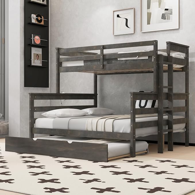 Merax Twin XL Over Queen Bunk Bed Wood Detachable Bunk Bed with Trundle & Ladder, Multifunction Bunk Bed,Can be Separated into 3 Beds, No Box Spring Needed,Space Saving,Gray
