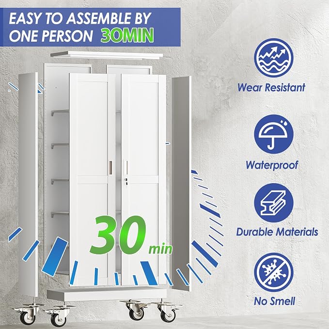 45.6" Metal Garage Storage Cabinet with Wheels and Locking Doors and Tall Rolling Steel Tool Cabinet with 3 Adjustable Shelves for Garage,Home,Office,Shop (White, 45.6''H x 23.7''W x11.8''D)