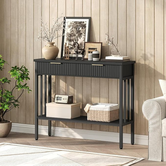 MAHANCRIS 39.4" Console Table with 2 Drawers, Narrow Long Entry Table with Storage Shelf, 2-Tier Fluted Entryway Table with 2 Drawers, for Entryway, Living Room, Foyer, Hallway, Office, Black CTHB5101