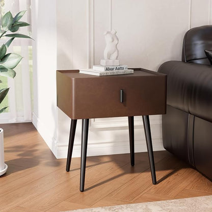 Nightstand Set of 2 with Single Drawer,Leather Side Table,Modern Bedside Table with Metal Legs for Bedroom,Small Accent End Table,Brown