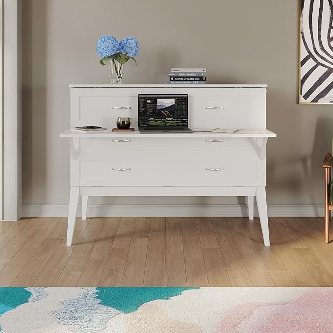 AFI, Northampton Full Size Murphy Bed Desk with Memory Foam 6" Mattress and Built-in USB Charger, White