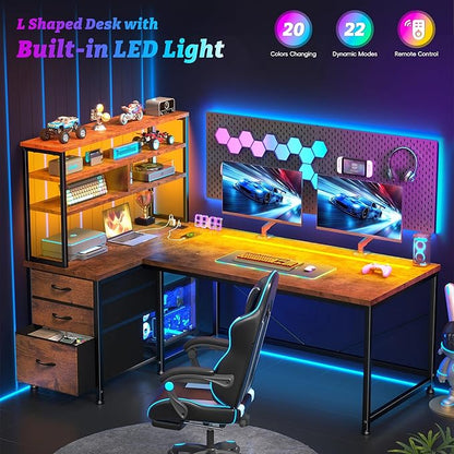 55"Computer Desk with Remote Aluminum LED Lights, 3 Fabric Drawers & 3 Shelves, Reversible L Shaped Desk Office Desk with Power Outlet and PC Stand for Gaming Desk, Corner Desk for Bedroom,Dorm, Brown