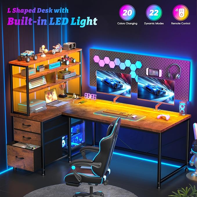 DurayLoly Office Desk with 3 Fabric Drawers & Shelf, Reversible L Shaped Desk Computer Desk with Remote LED Lights, Power Outlet and PC Stand for Home Office Desk, Corner Desk for Bedroom, Brown