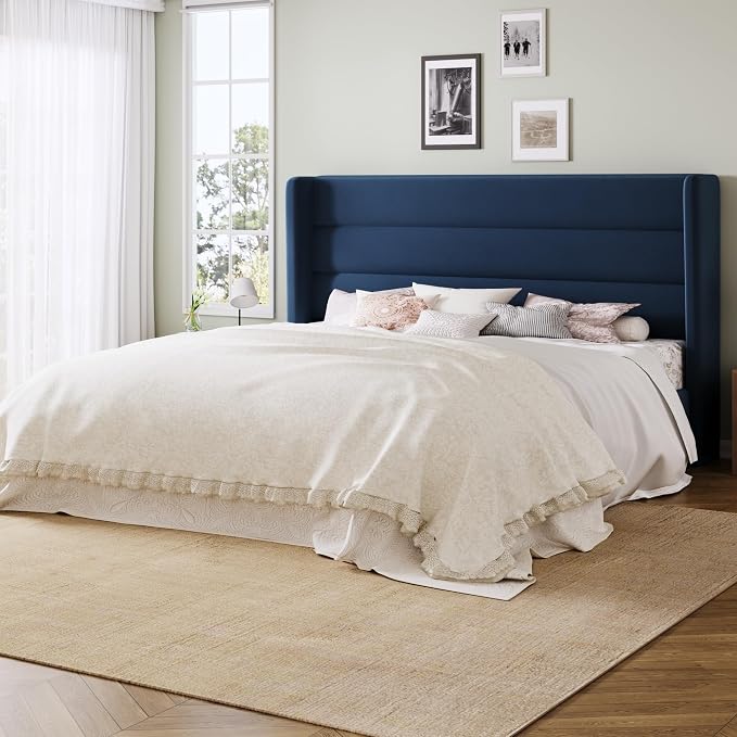 Allewie King Size Platform Bed Frame with Velvet Upholstered Wingback Headboard, No Box Spring Needed, Under Bed Storage Space, Wooden Slats, Modern Mattress Foundation, Easy Assembly, Blue