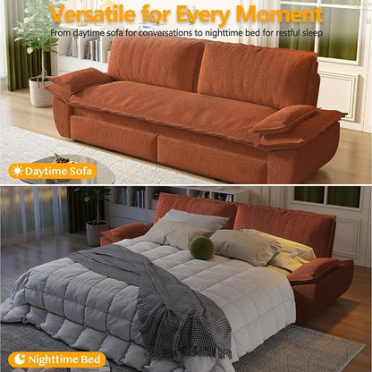 73.2" Sofa Bed Queen Size, Pull Out Couch Bed, 3-in-1 Convertible Sleeper Sofa with Cushion Armrest, Modern Corduroy Futon Couch for Living Room, Small Space, Apartment, Bedroom, Orange