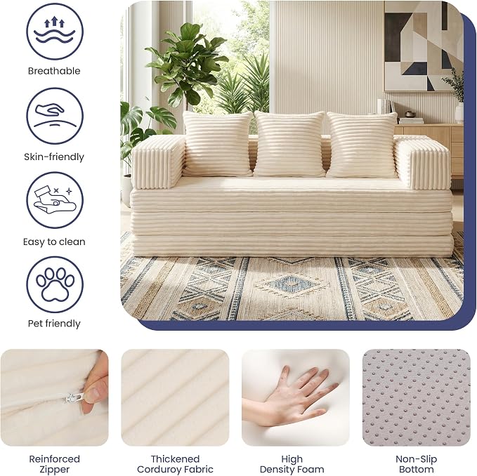 Convertible Sofa Bed Couch, 78’’ Oversized 4-in-1 Boneless Couches with Removable Armrests Backrest, Corduroy Futon Sofa Bed, Foldable Mattress Sleeper Sofa for Living Room Bedroom (Beige)