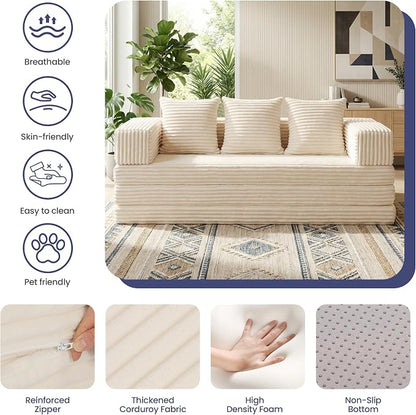 Convertible Sofa Bed Couch, 78’’ Oversized 4-in-1 Boneless Couches with Removable Armrests Backrest, Corduroy Futon Sofa Bed, Foldable Mattress Sleeper Sofa for Living Room Bedroom (Beige)