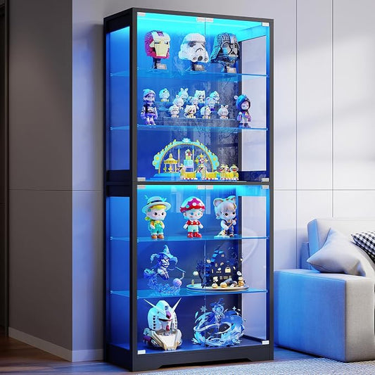 BROTTAR Display Cabinet with Glass Door, 6-Tier 71" Curio Cabinet with 3 Color Lights for Collectibles, Display Case with Adjustable Glass Shelves, Human Body Sensor, Storage Cabinets, Black