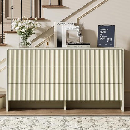 Furniway 55" Wide Modern Dresser for Bedroom, 6 Drawer Chest of Drawers with Curved Design, Push-to-Open Storage Dresser, Beige