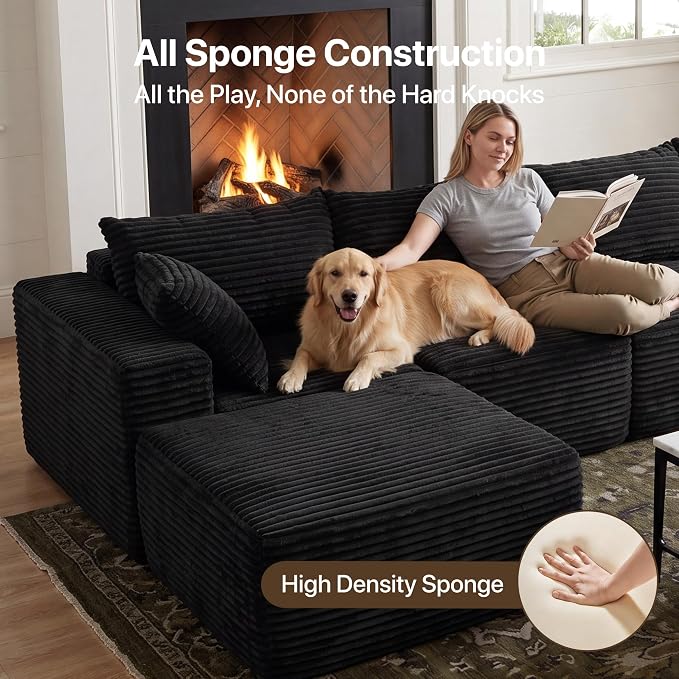 Claiks 120" Boneless Couch, Cloud Couch Sectional, U-Shape Corduroy Modular Sectional Sofa Deep Seat, Upholstered Couches for Living Room, No Assembly Required, Black